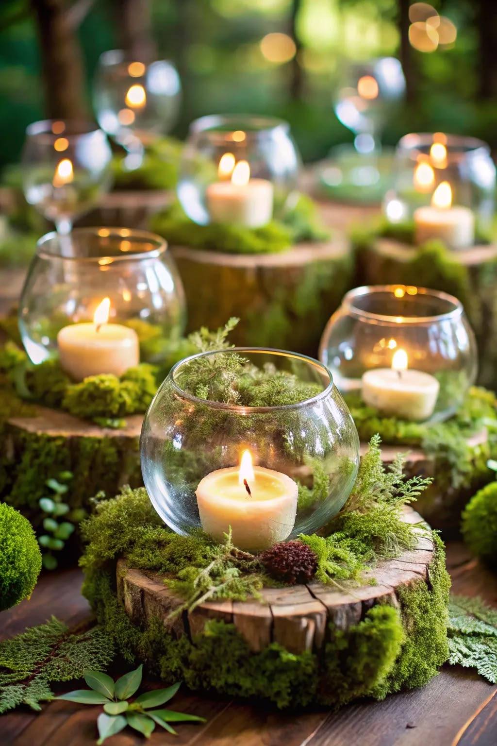 A candle in cut glass resting on moss at an event threshold