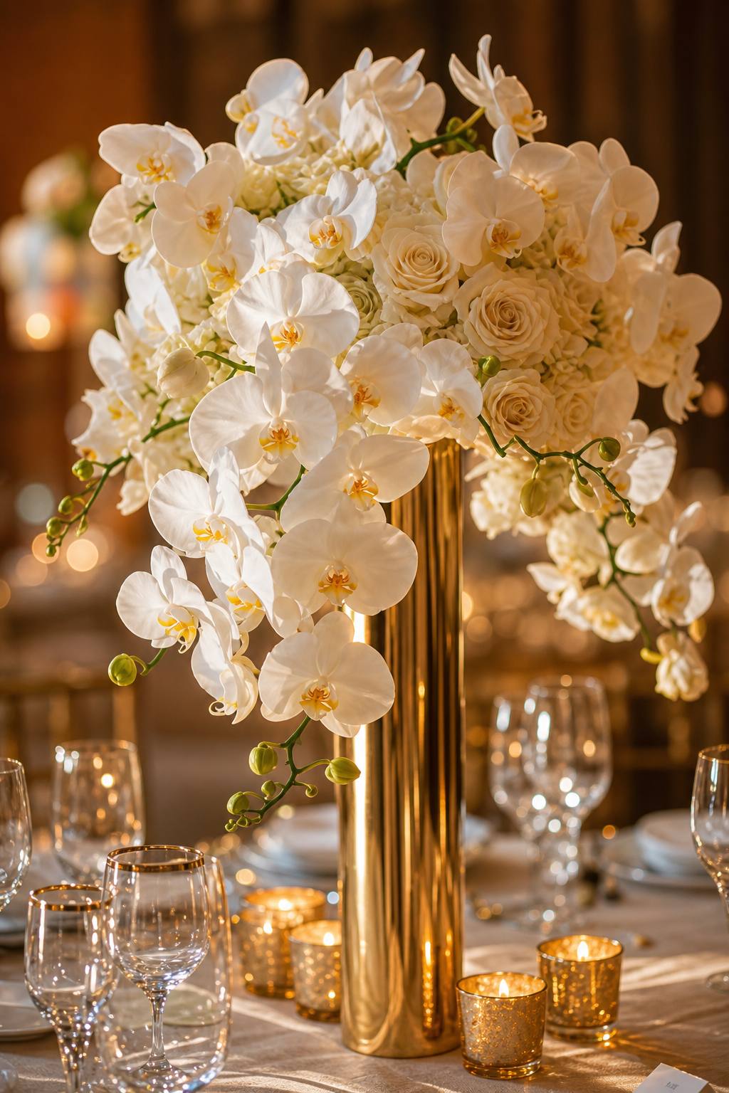 Tall white orchids in gilded vessels above candlelight and cut crystal