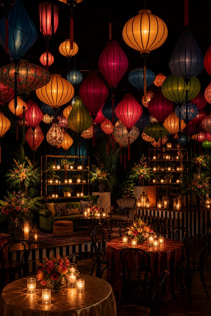 Lantern house party atmosphere arranged for an event setting.