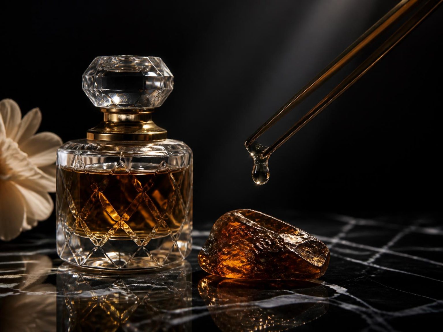 A cut-glass perfume bottle beside amber resin on dark marble with a golden dropper releasing a single suspended drop.