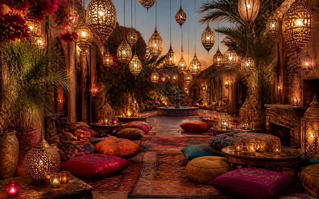 A lantern-lit Moroccan courtyard with pierced-metal lamps overhead and jewel-toned floor cushions