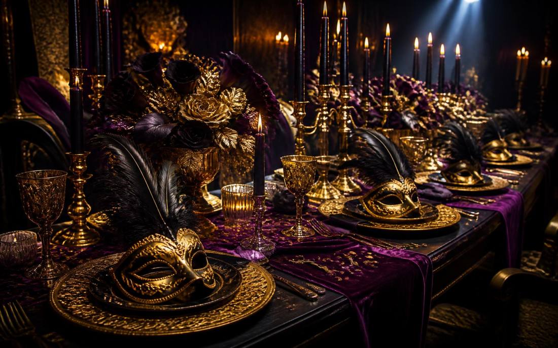 A gilded masquerade mask on a black and gold banquet table