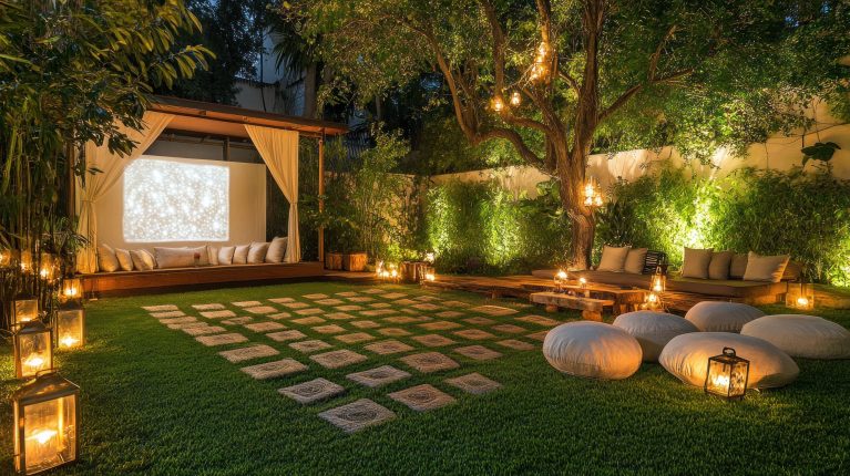 Outdoor cinema space at night with seating, lighting, and a projector screen