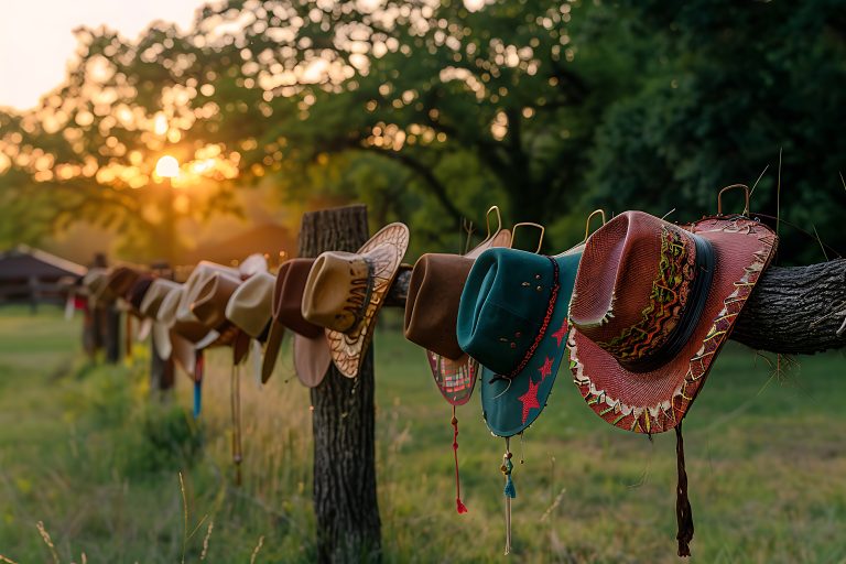 Western party scene with cowboy hats hanging and a warm gathering
