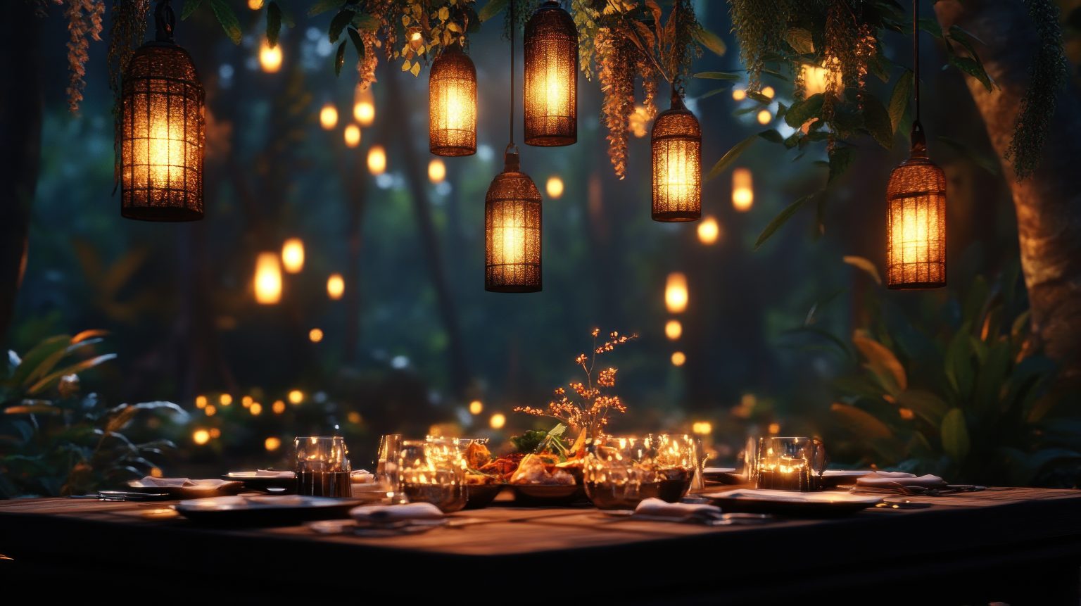 Rustic outdoor dinner table lit by hanging lanterns