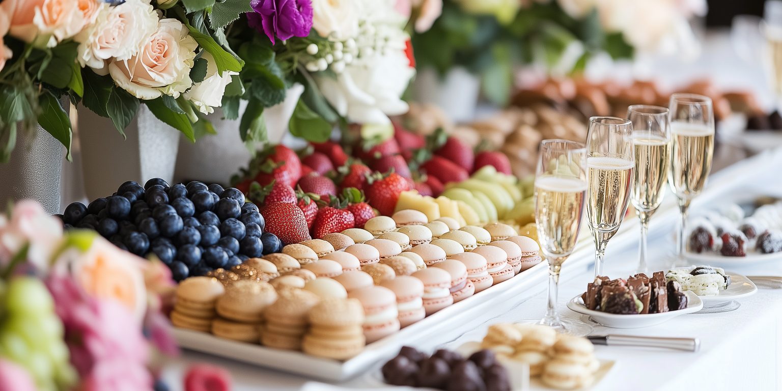 Long white table of pastries, fruit, and macarons set for an elegant party