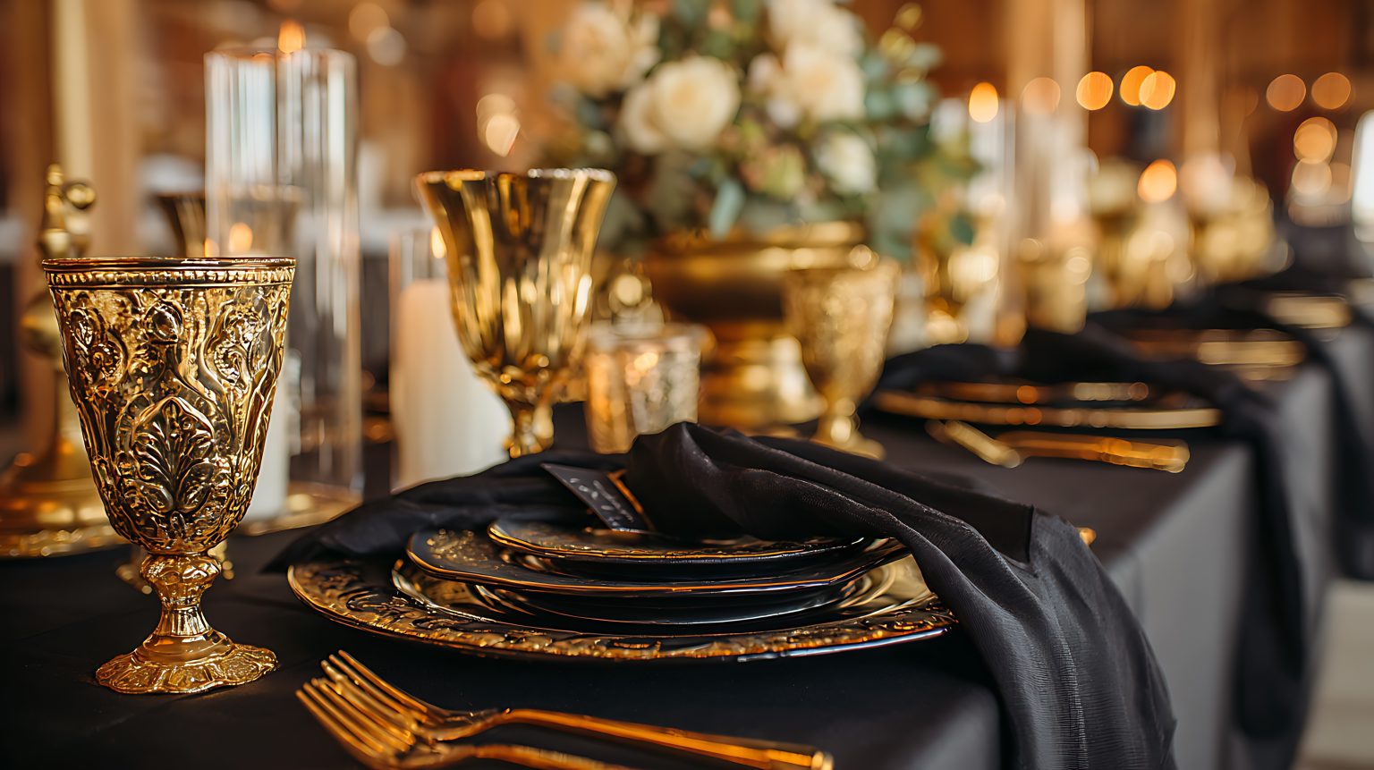 Long table laid in black and gold for a barn reception or upscale dinner party