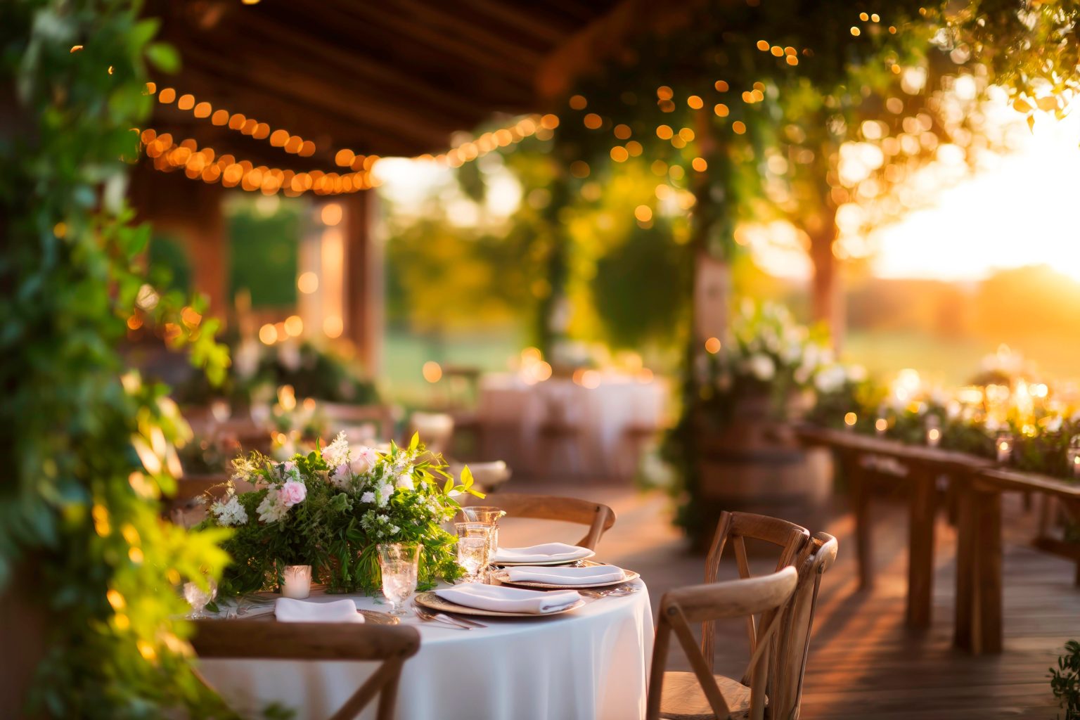 Rustic barn wedding venue with sunset reception decor and warm lighting