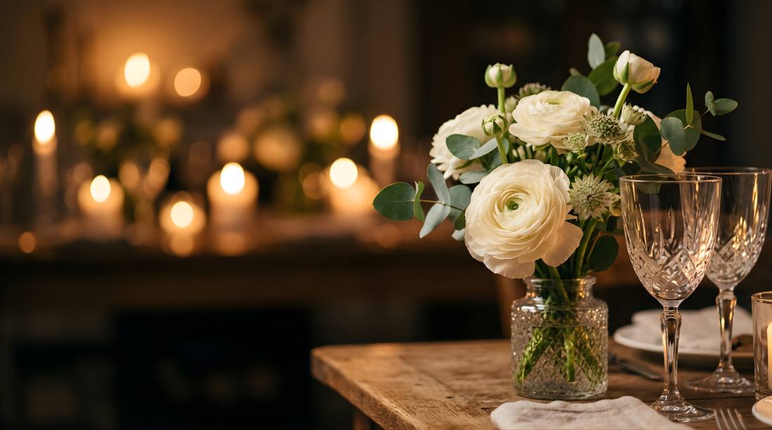 A night floral centrepiece lit by clustered candles on a wooden table