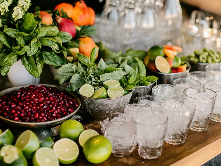 Cocktail garnish station with fresh herbs, citrus, spices, and decorative ingredients