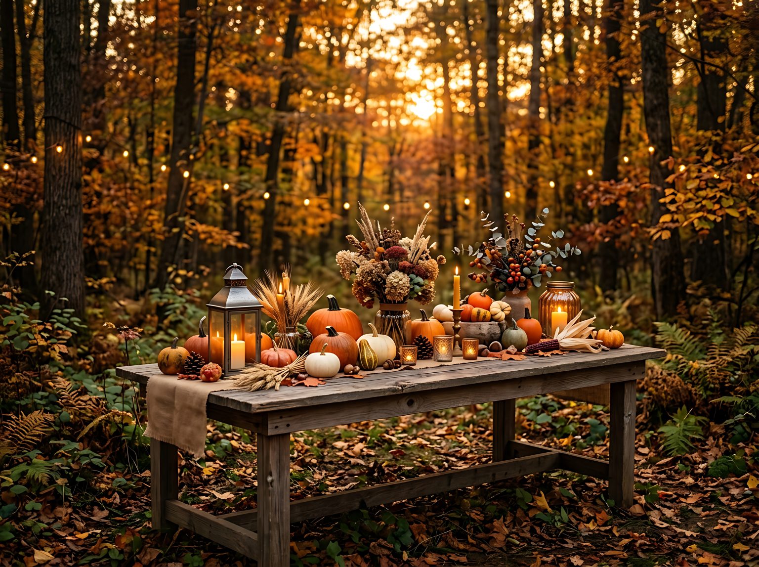 Autumn harvest table with pumpkins and candles set in a forest at golden hour