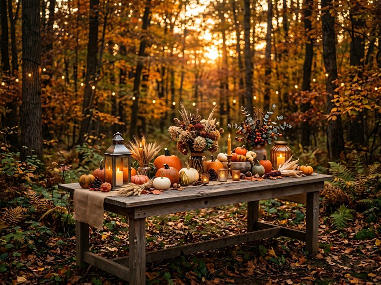 Autumn harvest table with pumpkins and candles set in a forest at golden hour