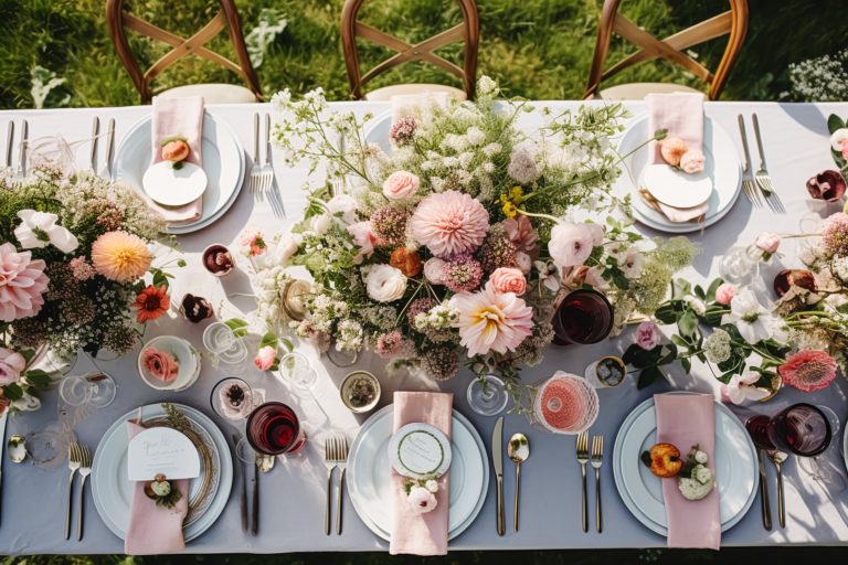 Formal country dinner table decorated with strawberries