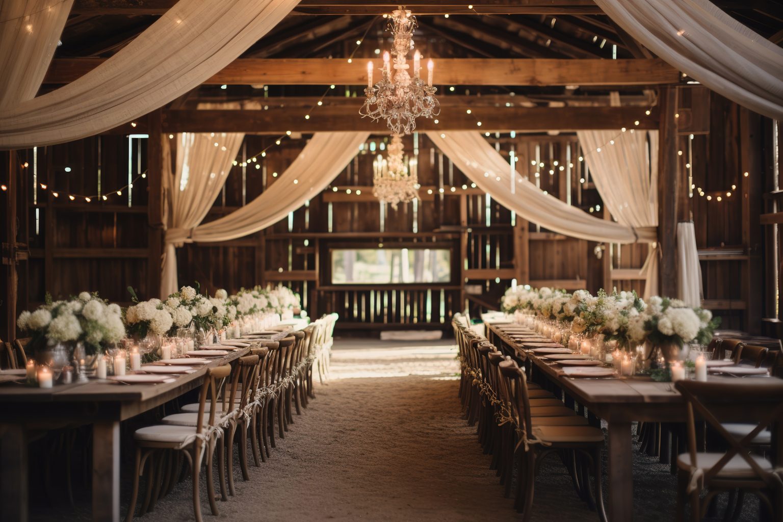 Rustic barn interior with tables and chairs set for a wedding reception