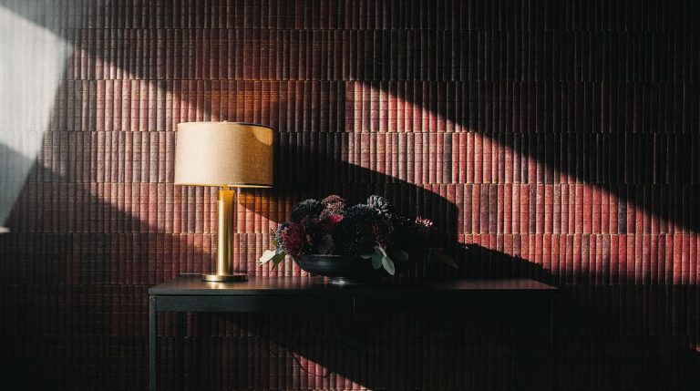 A floor-to-ceiling wall of tightly packed cloth-bound books with blank unlettered spines in oxblood and faded plum, crossed by a hard diagonal shaft of daylight, with a dark console table below holding a brass lamp and a low bowl of dark flowers.