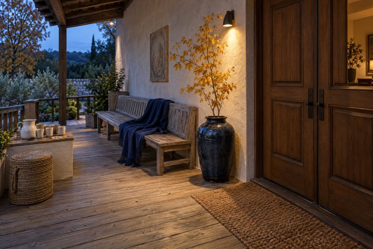 The sheltered threshold outside a closed door, furnished on purpose for the minutes before it opens: a teak bench with a wool throw left half off the seat, a stoneware jug and tumblers on a ledge with two already used, and one tall branch of yellow foliage lit as the thing worth looking at.