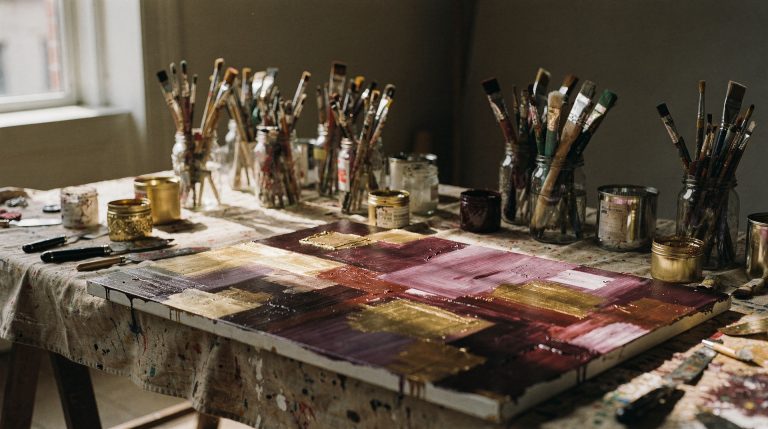 A long trestle table under a paint-spattered drop cloth by a bright window, crowded with jars of brushes and open tins of pigment, with a large half-finished abstract panel lying flat in wet plum, oxblood and gold strokes.