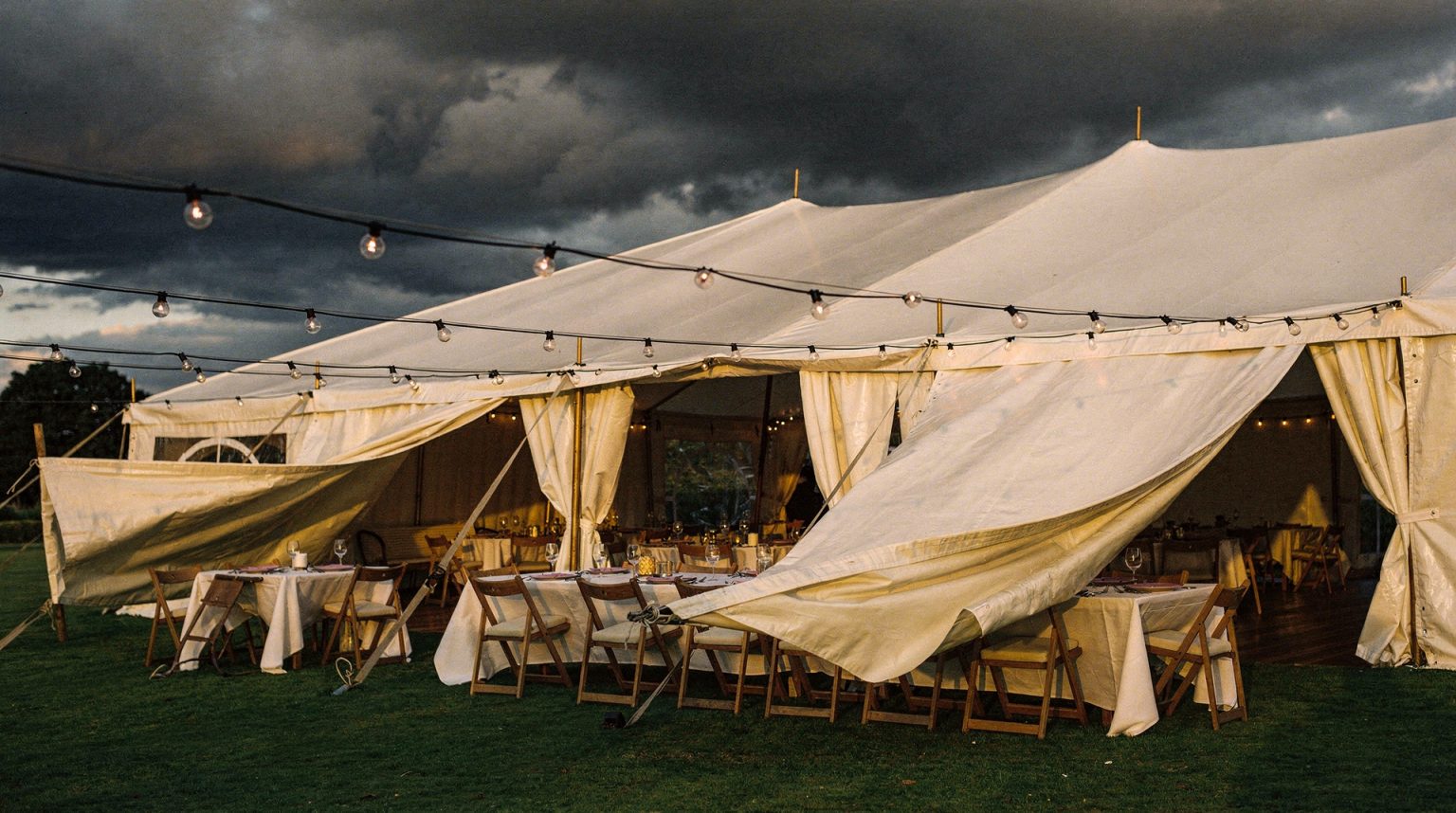 A white canvas marquee on a lawn with its side walls lifting and cracking in a strong wind, festoon bulbs swinging on their cables and long linen tablecloths blowing sideways off the trestles, under a dark storm sky.