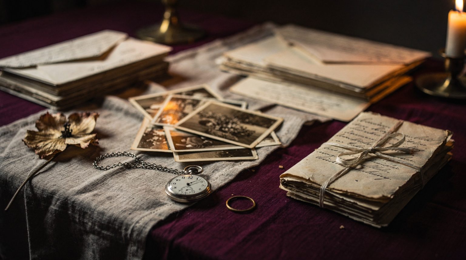 A plum velvet table run with a linen cloth, holding a loose spread of soft-focus sepia photographs, stacks of aged letters, a ribbon-tied bundle of papers, a silver pocket watch on its chain, a gold band and a dried flower, lit by one candle at the edge.