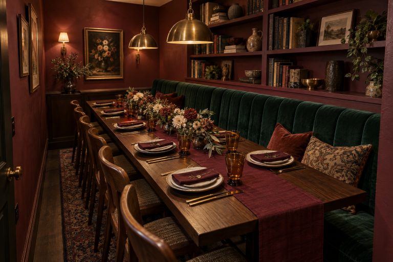 A small room being honestly small: one table filling it almost wall to wall, a velvet banquette built into the joinery running the full length of one side under a fitted bookshelf, chairs pulled in tight on the other, and brass pendants hung low over claret walls.
