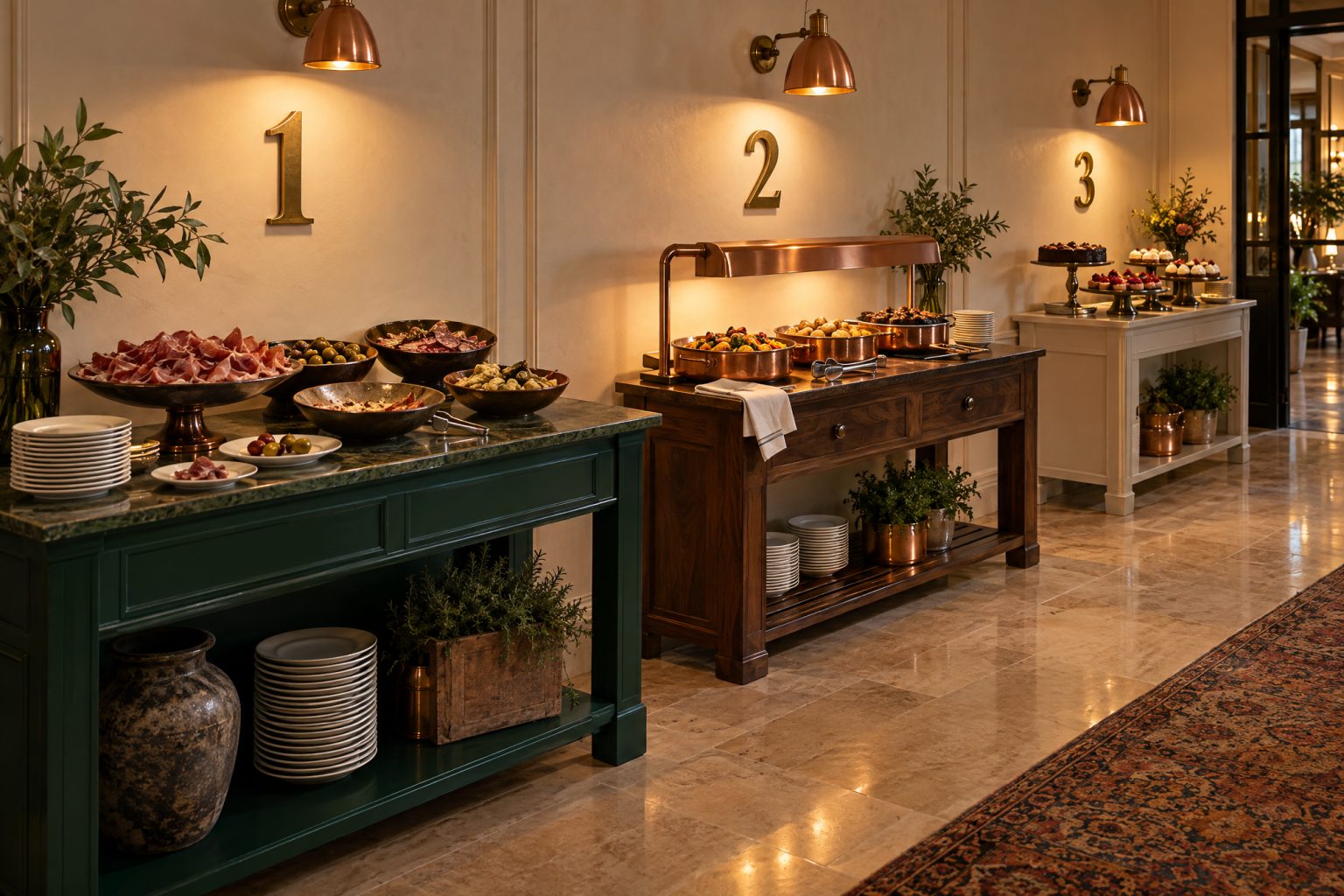 Three separate tasting stations set along one wall under large brass numerals — cured dishes on a green console, warm dishes under a copper heat lamp on walnut, sweet things on copper stands — with clear open floor between each one so the route reads at a glance.