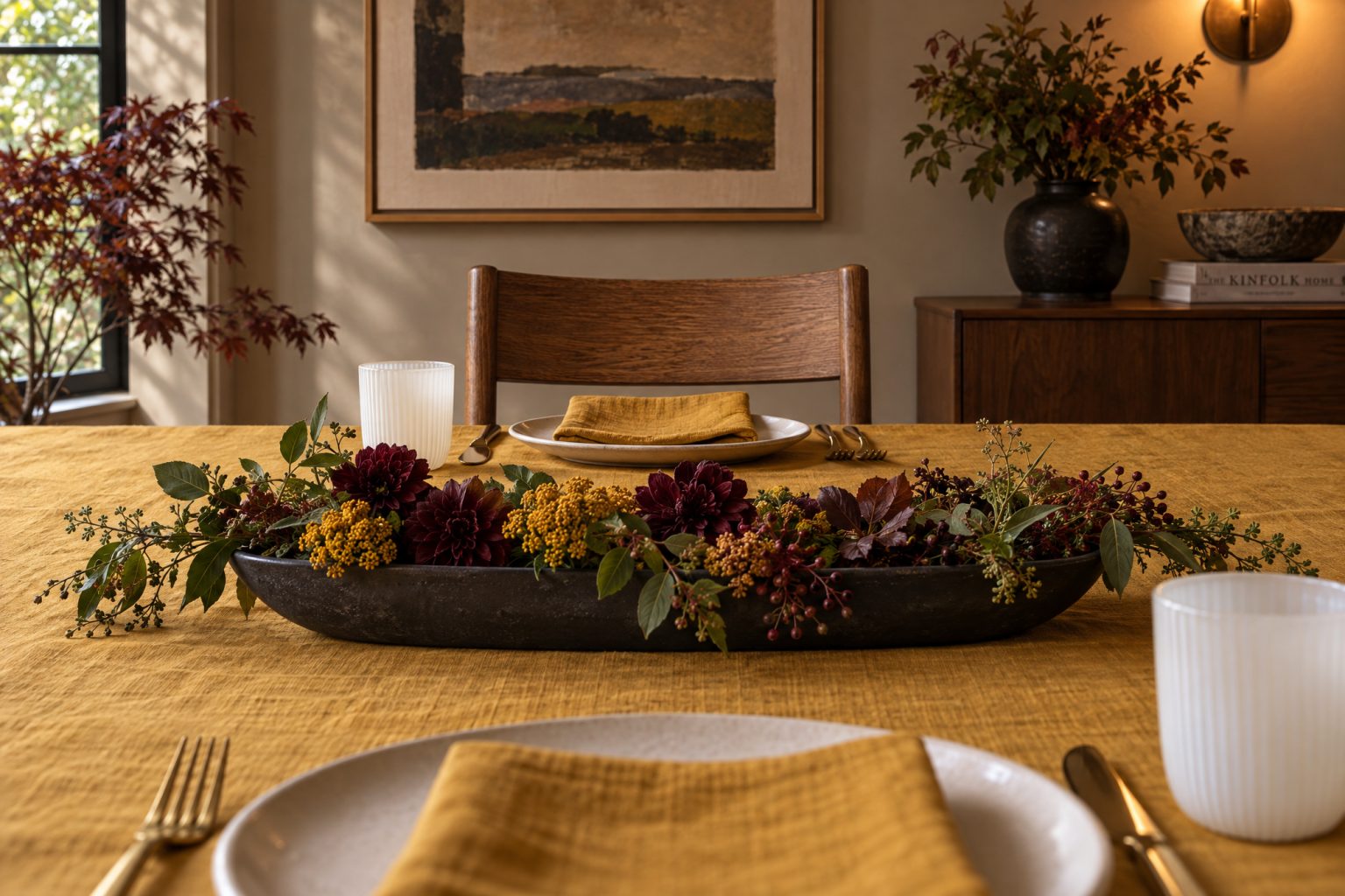 Shot from one diner's eye height straight across the width of the table: the chair opposite, its laid setting and the picture on the wall behind it all completely unobstructed above a long low trough of oxblood and mustard blooms kept below the rim of a water glass.