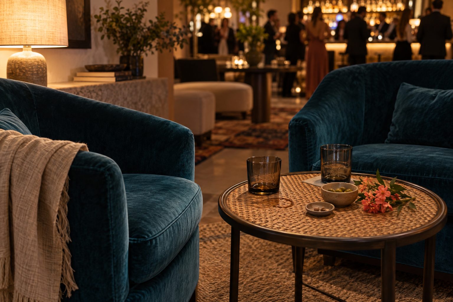 Two teal velvet armchairs angled in toward each other around a small rattan table holding two tumblers drunk to different levels, an olive dish and a coral sprig put down loose, with a linen wrap over one arm and the crowded lit bar thrown well out of focus behind.