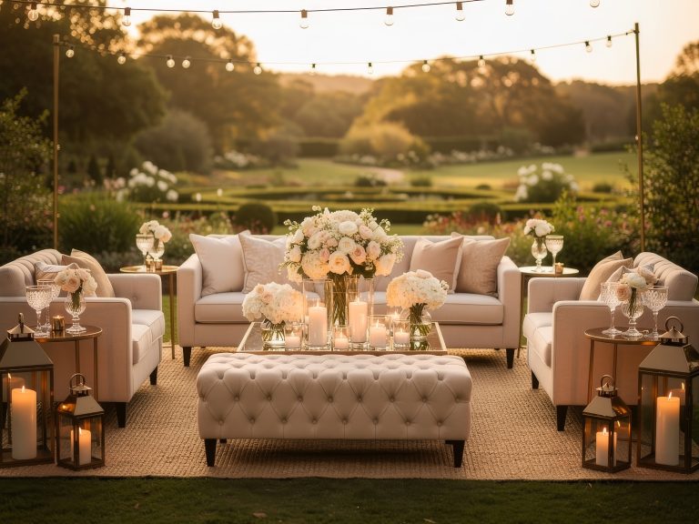 Cream sofa, tufted ottoman, and white roses with lanterns overlooking a formal garden at sunset