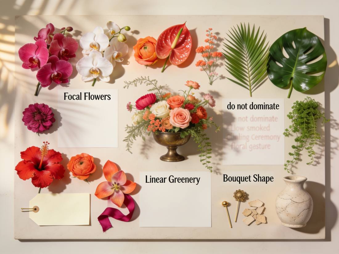 A floral design mood board with pinned blooms, ribbon and handwritten notes