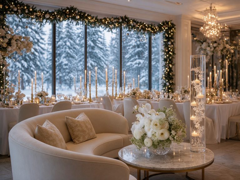 Cream lounge and white tables with orchids, taper candles, and a lit garland facing a snowy forest