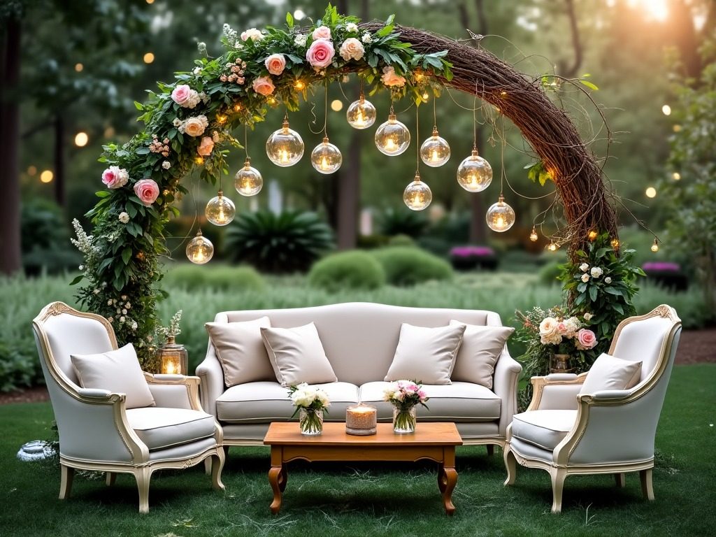 Cream sofa and chairs under a curved floral arch hung with globe lights