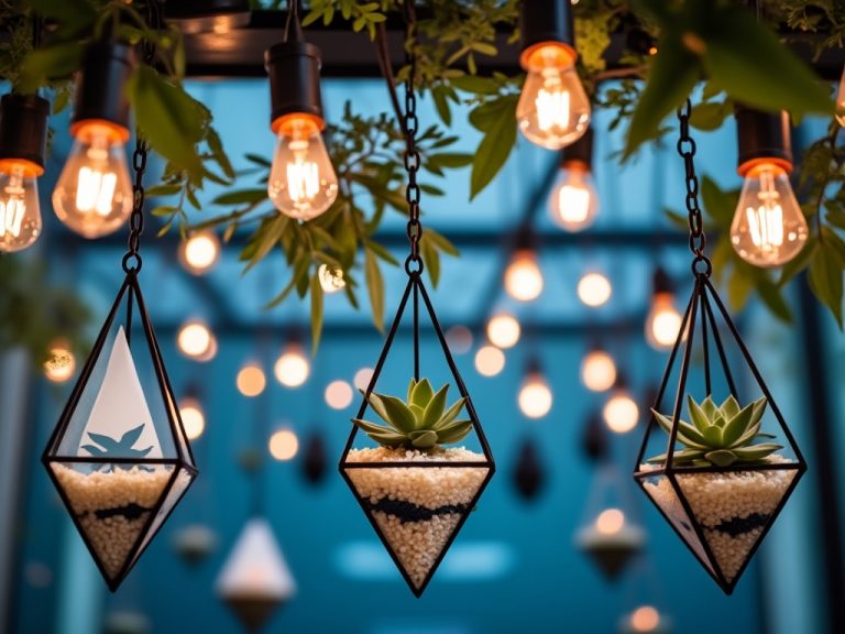 Three geometric glass terrariums with succulents hanging under Edison bulbs