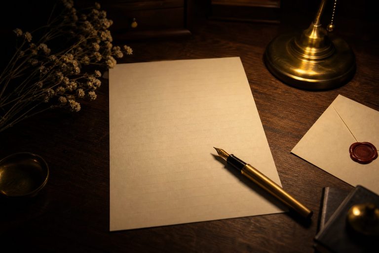 A blank sheet of cream paper, a brass fountain pen and a wax-sealed envelope under lamplight