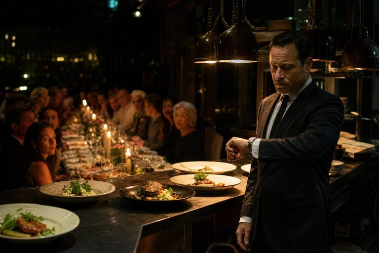 Candles burn low over waiting guests as a captain checks his watch beside plated dishes