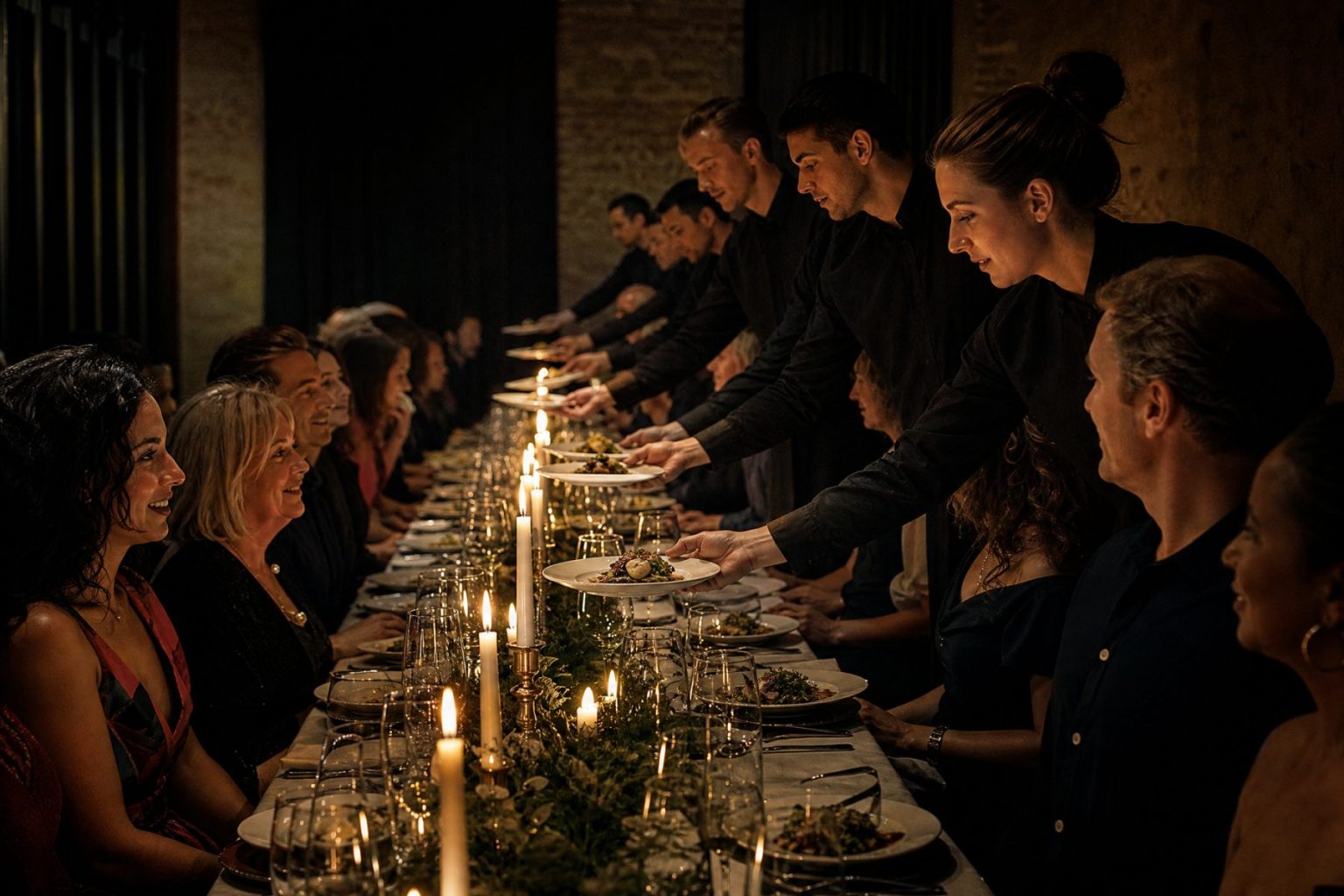 Servers set plates down in unison along a long candlelit table as guests look up