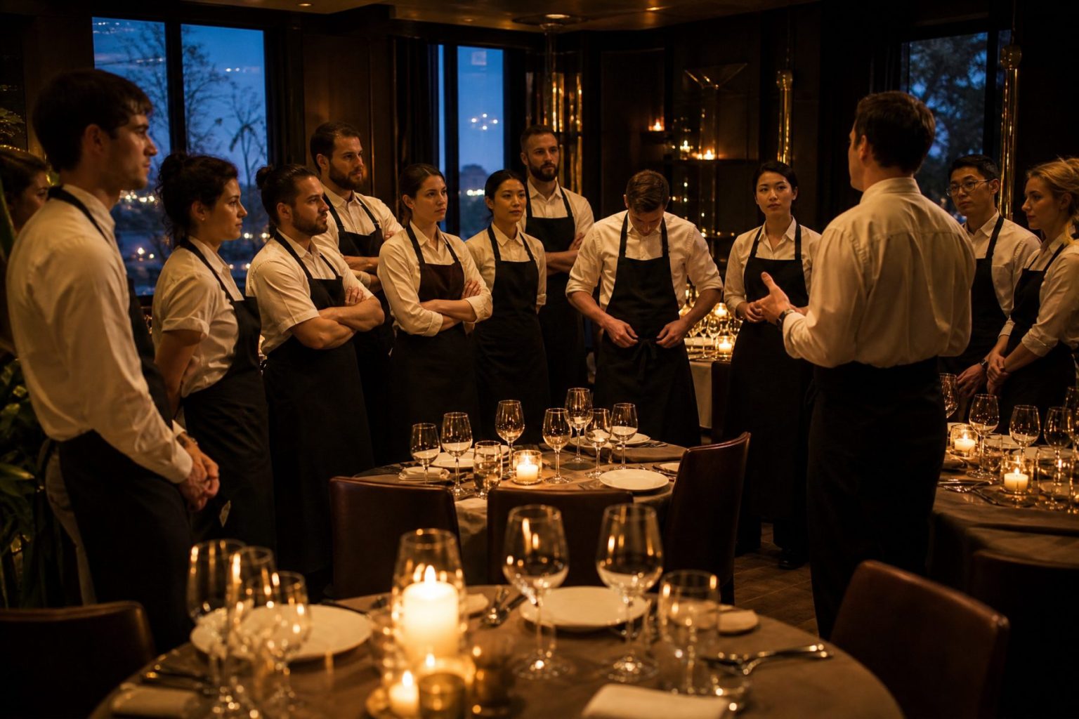 Servers in black aprons gather around a captain in a candlelit, fully set dining room
