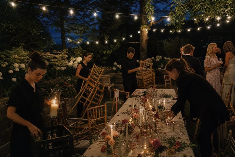 Crew stack chairs and pack hurricane candles under string lights as the last guests linger