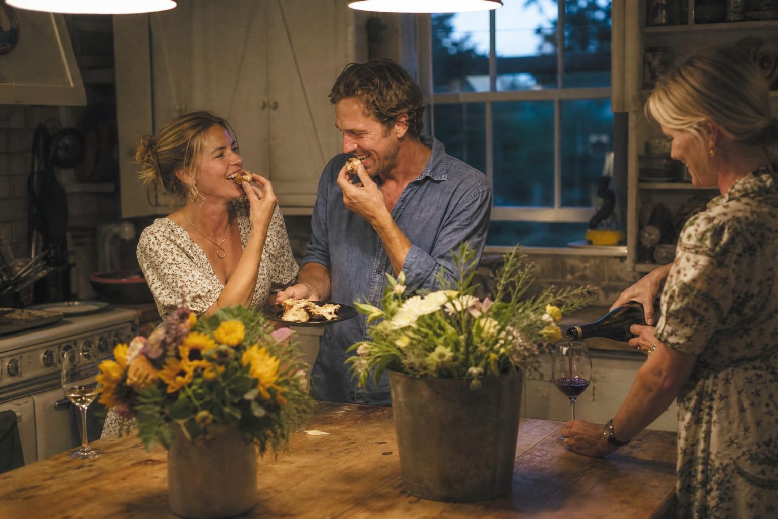 An engaged couple laughs while tasting cake in a farmhouse kitchen full of garden flowers