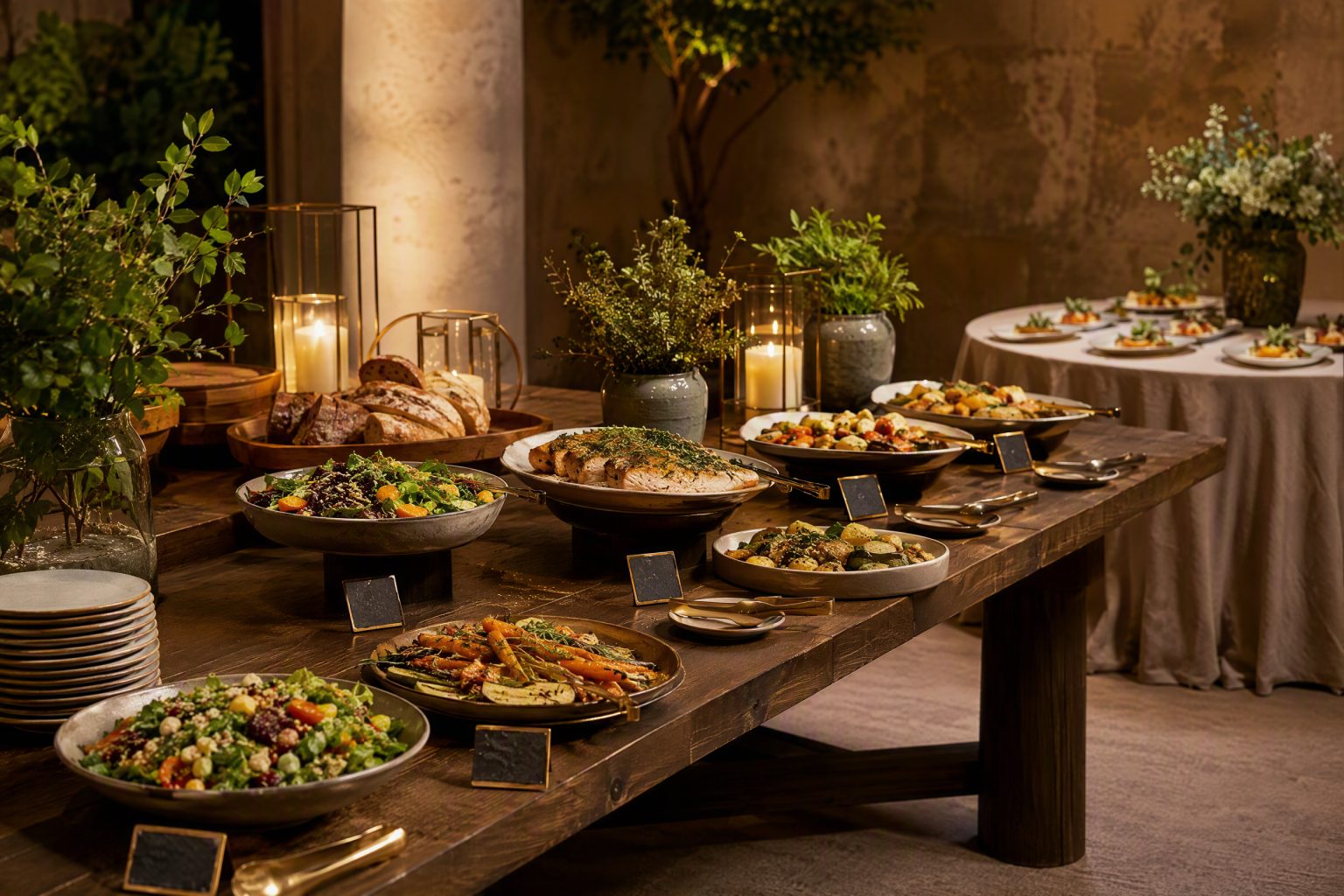 A warm-lit buffet on long wooden tables with each dish set in its own space with a dedicated serving utensil and a small blank marker beside it.