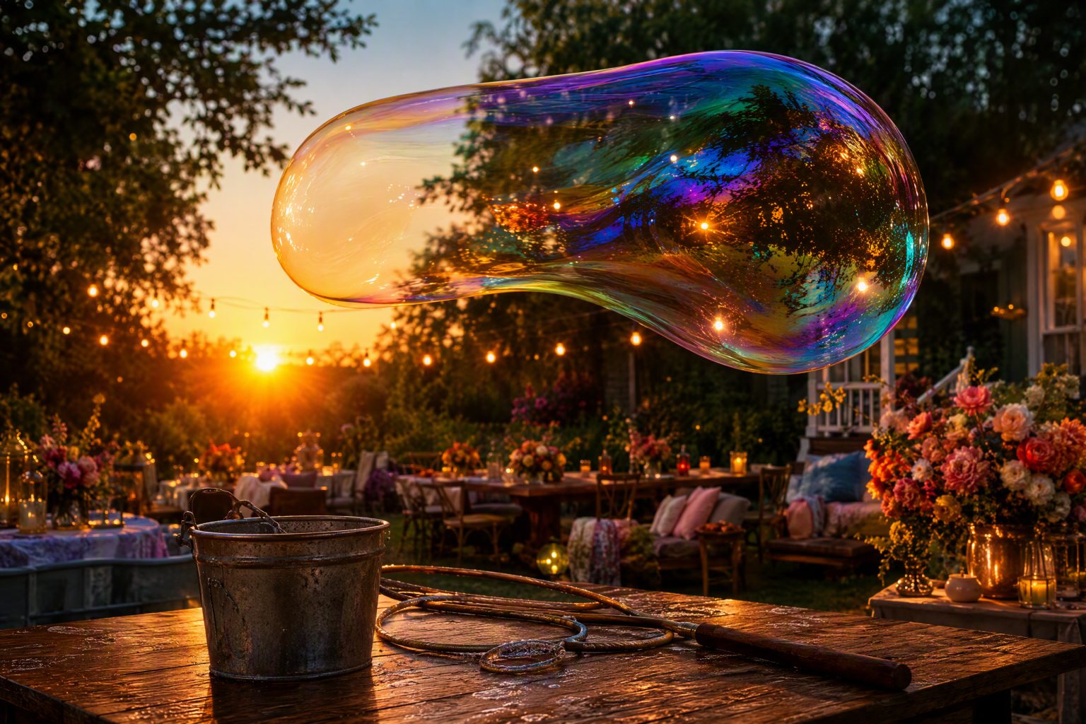 An enormous iridescent soap bubble drifting over a garden party table at golden hour, with a bucket and giant bubble wands on the wooden table below and string lights glowing.