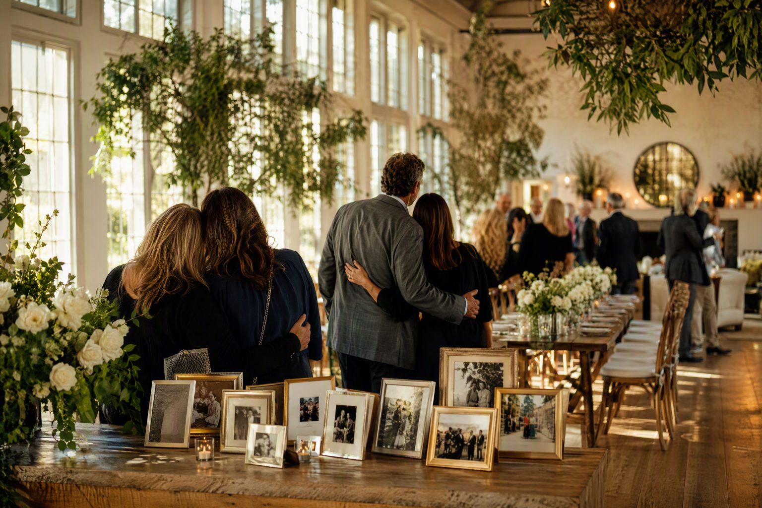 Guests embracing and talking in a bright hall with tall windows, white roses and greenery on long tables, and a table of framed family photographs in the foreground.