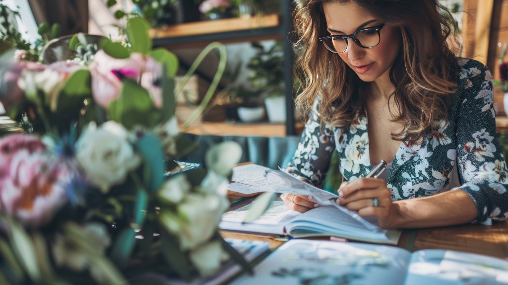 A wedding planner coordinating with vendors while reviewing floral arrangements and table settings