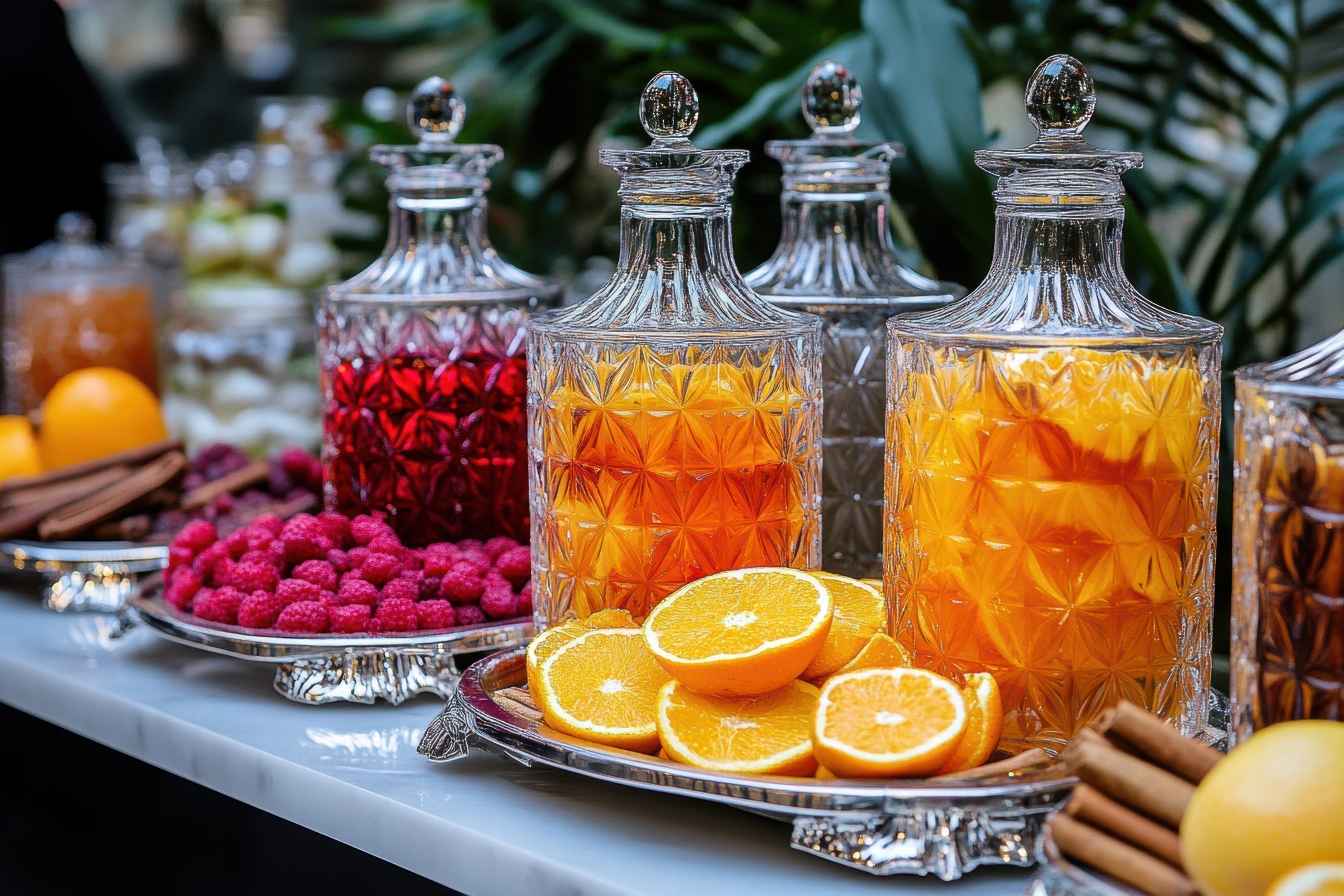 A cluster of cut-crystal decanters filled with red and amber drinks, grouped on a marble counter with orange slices, raspberries and cinnamon sticks.