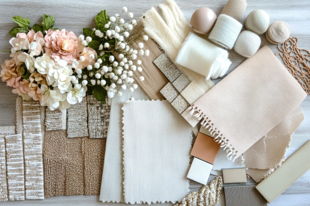 A neutral design mood board with fabric swatches, tiles and flowers arranged as a material palette