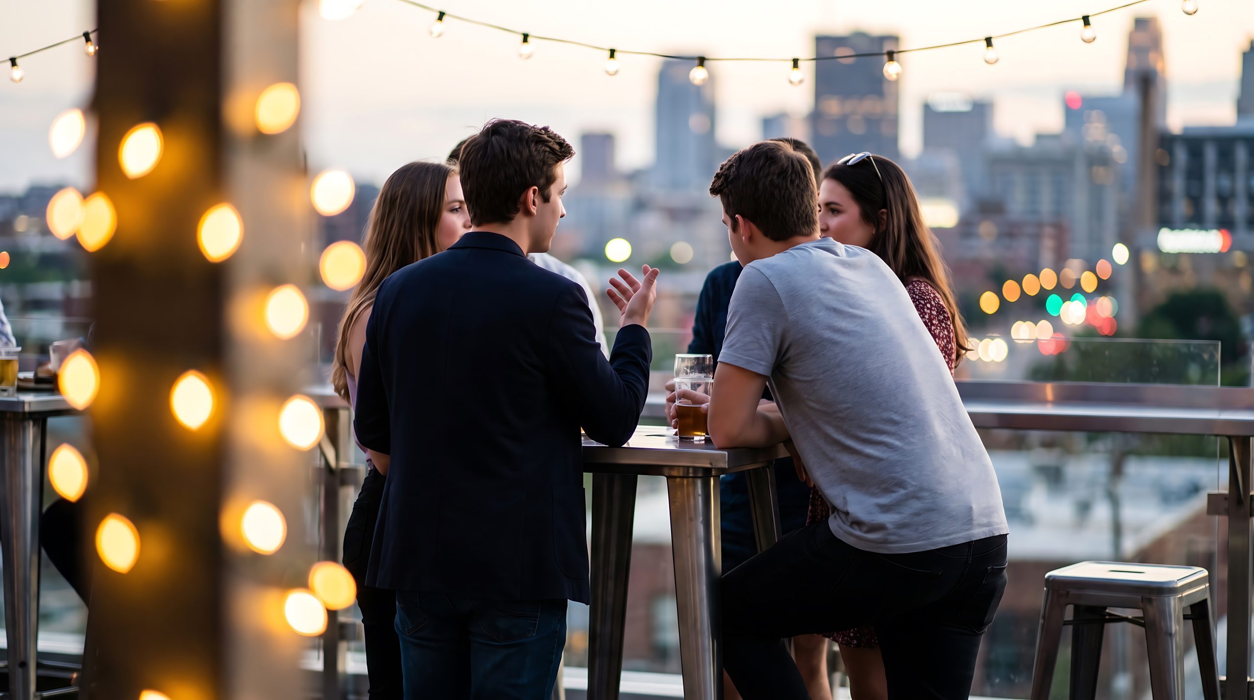 Friends talking around a high table on a city rooftop at dusk, with string lights overhead and the skyline fading behind them.