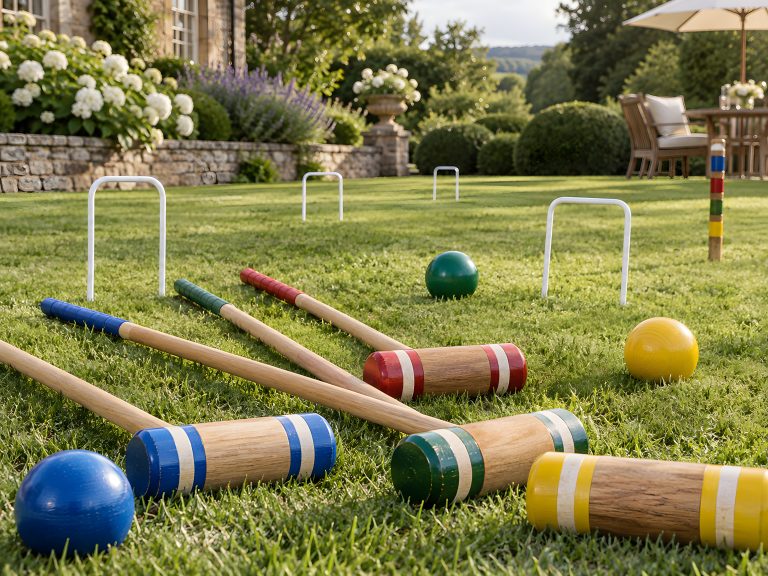 Croquet mallets and balls left on a garden lawn with the hoops still set, the game plainly unfinished.