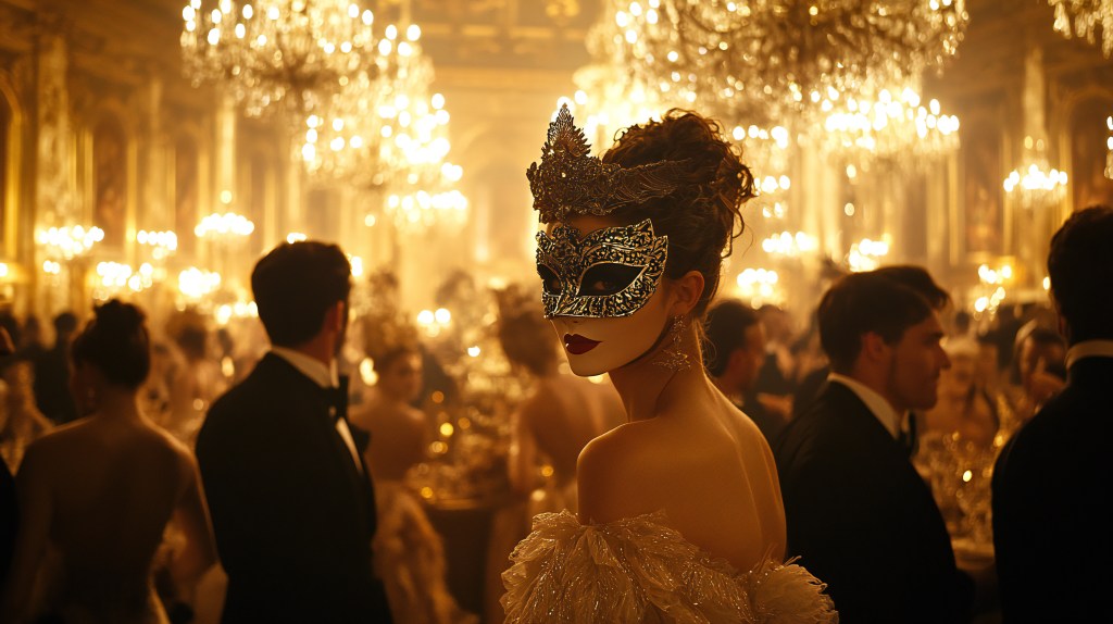 A luxurious masquerade ball in a grand chandelier-lit ballroom, representing the timing and energy arc of an evening