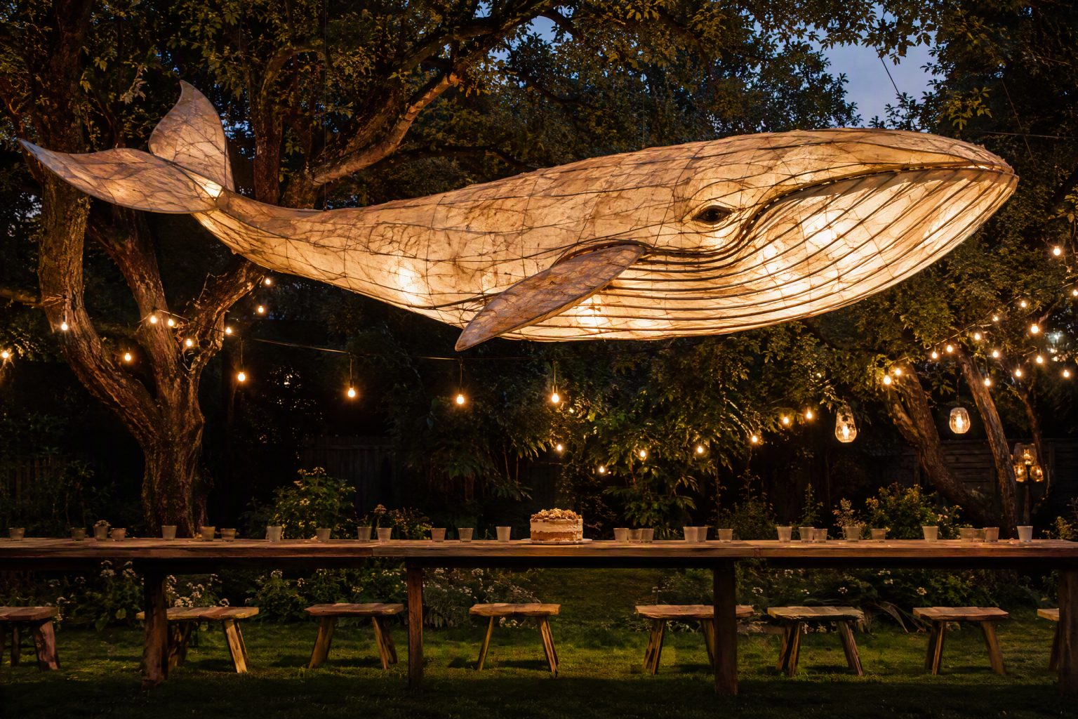 A giant handmade paper-and-willow whale lit from within, suspended over a long backyard table at dusk under strings of lights in the trees.