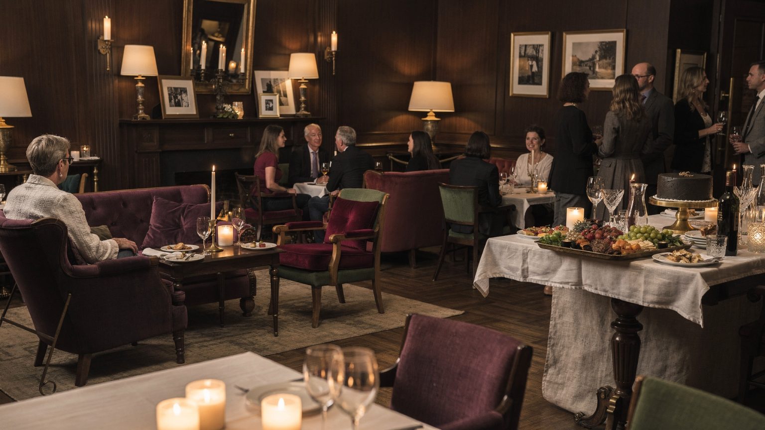An anniversary party with several social zones, a restrained memory display, food and drinks, and open circulation rather than a room dominated by retrospective material.
