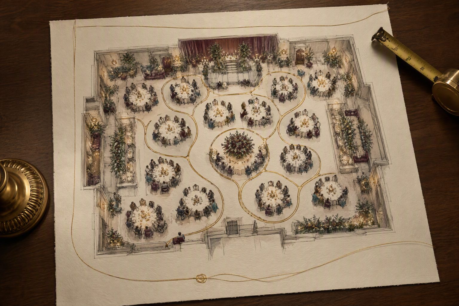 Overhead ink and watercolor banquet floor plan with round tables arranged around a wide, clear central route and accessible places spread across the room, beside a brass tape measure.